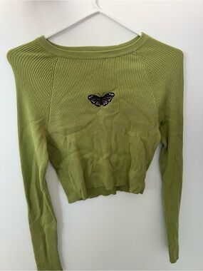 Garage Cropped Ribbed Butterfly Sweater - Olive Green Size L